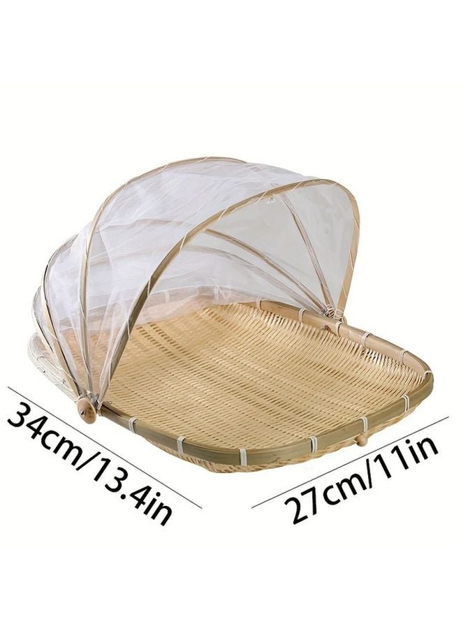 Circle Bamboo Food Storage Basket With Mesh Cover For Picnic Home Indoor Outdoor - Image 2